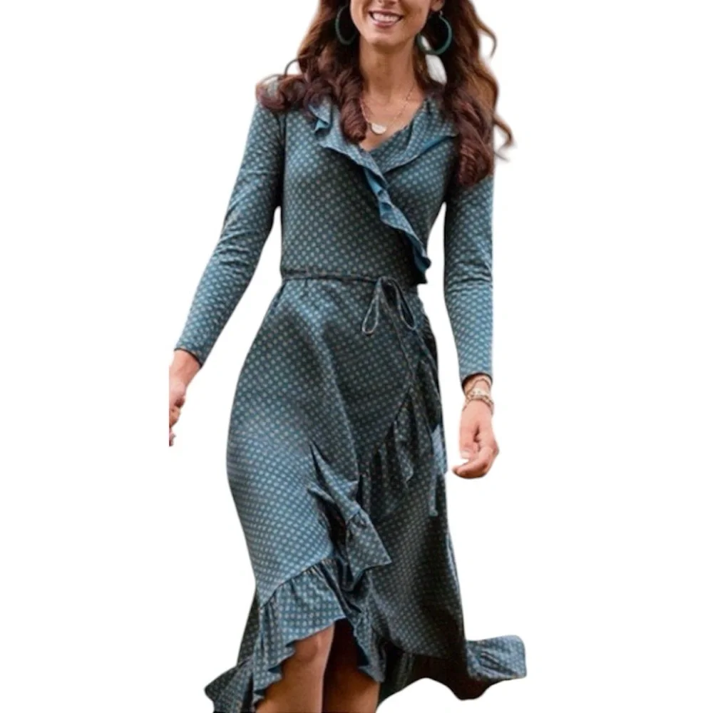 Matilda Jane Reunion Ruffle Wrap Midi Dress Teal Polka Dot Size Medium - Picture 2 of 4